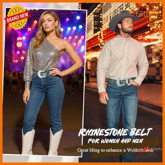 Sparkling Rhinestone Studded Western Belt Faux Leather Unisex Fit main image 5